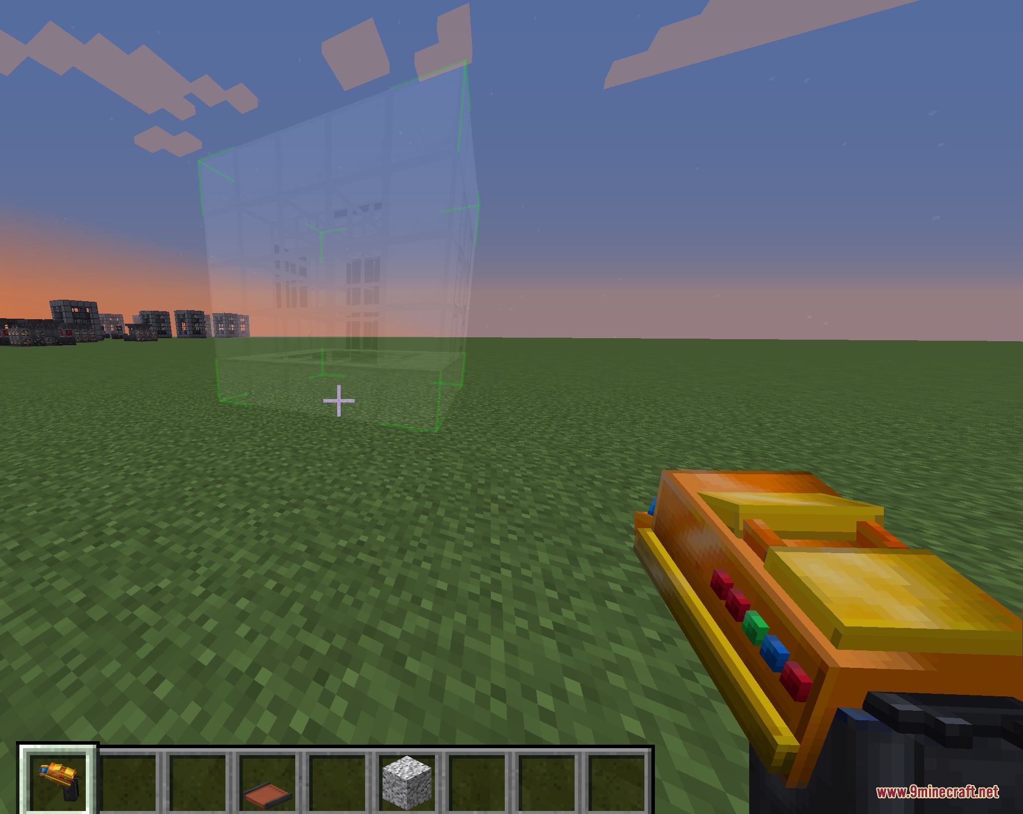 Instant Structure Snap Mod Screenshot 2 Player holding a tool that displays a green holographic preview of a structure