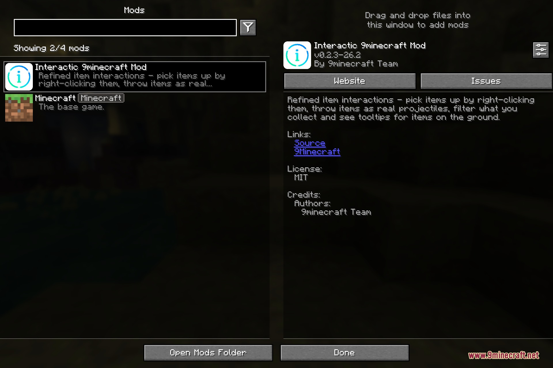 Interactic 9minecraft Mod Screenshot 1 Der Interactic-Eintrag in der In-Game Mod-Liste