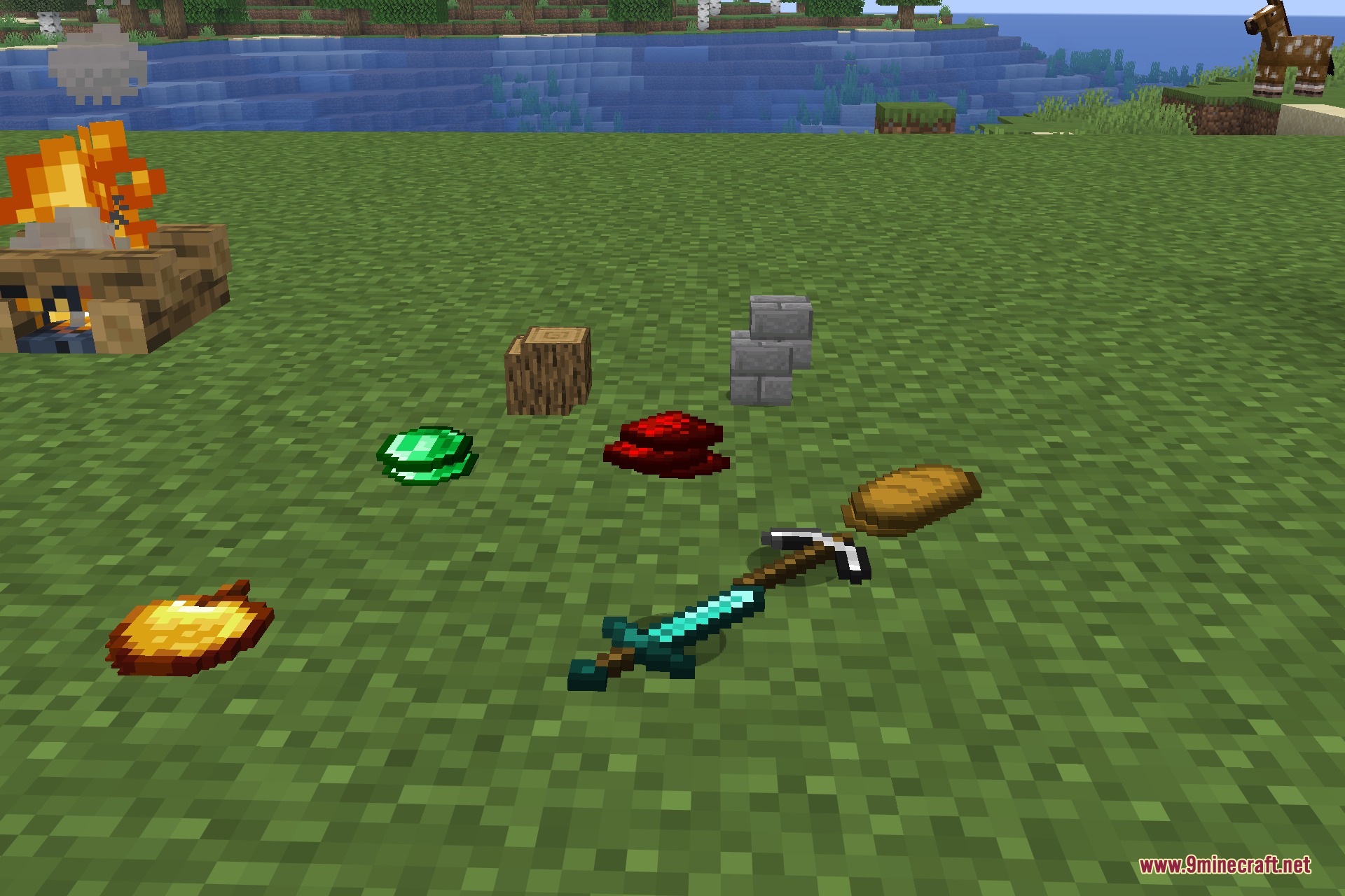 Interactic 9minecraft Mod Screenshot 2 Gedroppte Werkzeuge, Essen und Erze liegen flach im Gras