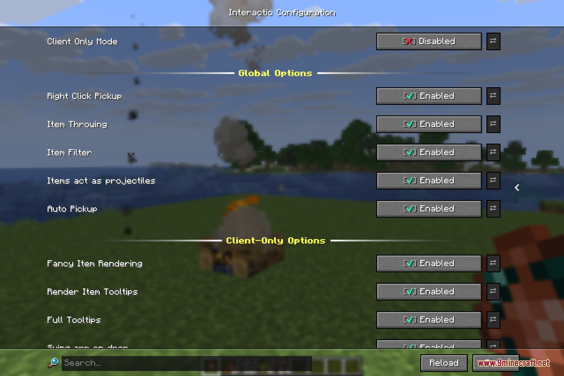 Interactic 9minecraft Mod Screenshot 8 Das Einstellungsmenü listet jede Mechanik einzeln auf