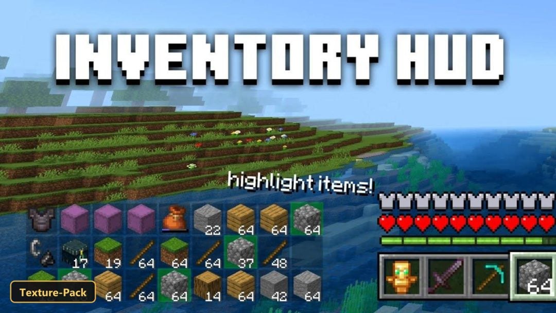 grassy hills by ocean, clear day, showing inventory and hotbar