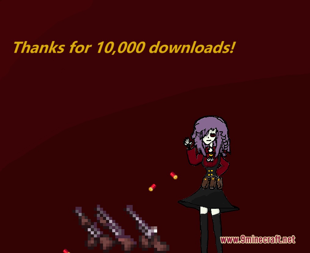 Iron Bone Shredder Mod Screenshot 1 Anime character celebrating ten thousand downloads with pixelated firearms on red background