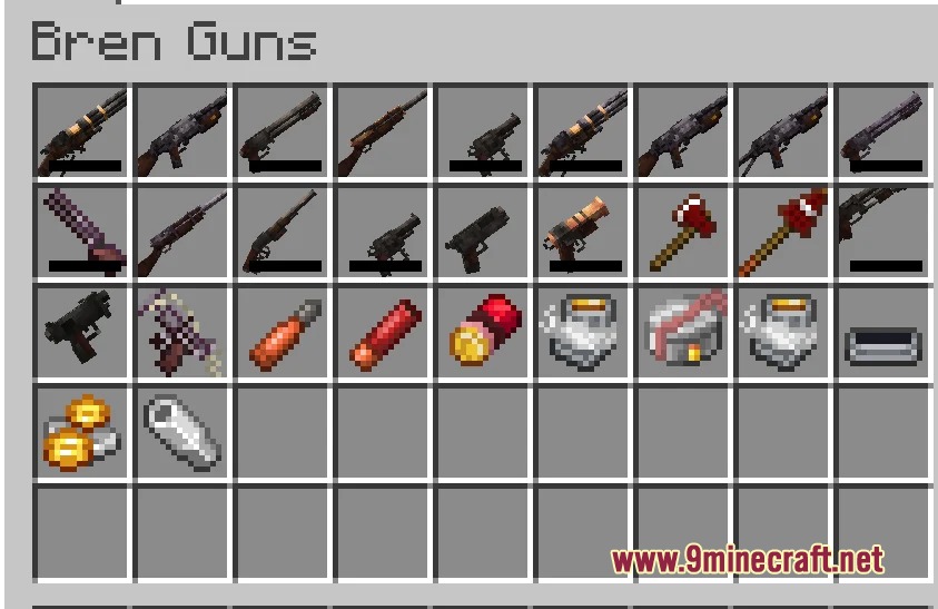 Iron Bone Shredder Mod Screenshot 2 Iron Bone Shredder Mod inventory tab displaying various pixelated guns and ammunition