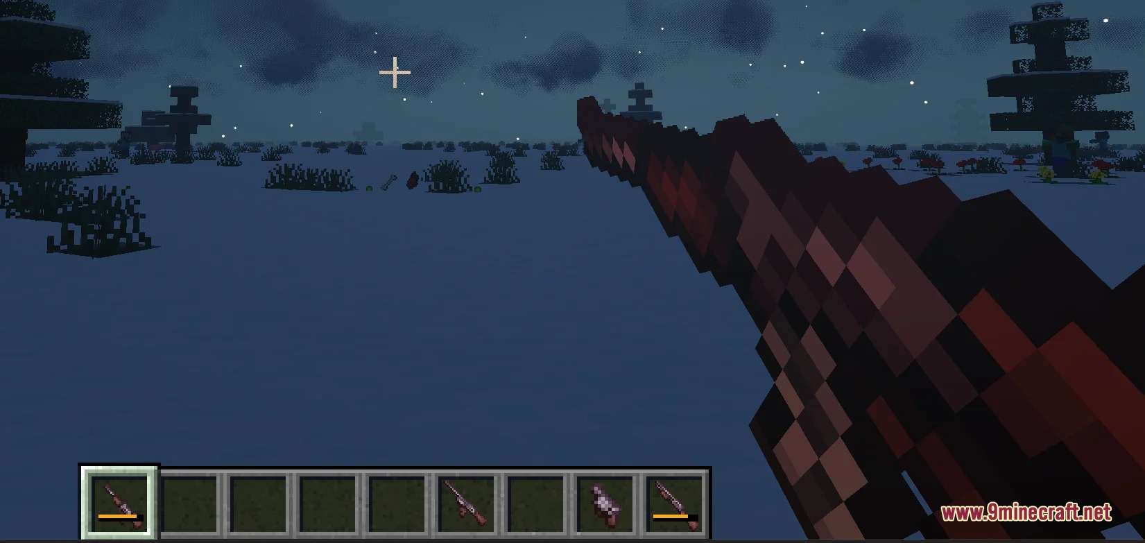 Iron Bone Shredder Mod Screenshot 3 First person view of a player holding a firearm in a dark landscape