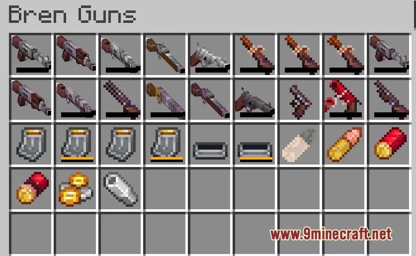 Iron Bone Shredder Mod Screenshot 4 The Bren Guns inventory menu showing various firearms and ammunition for the player