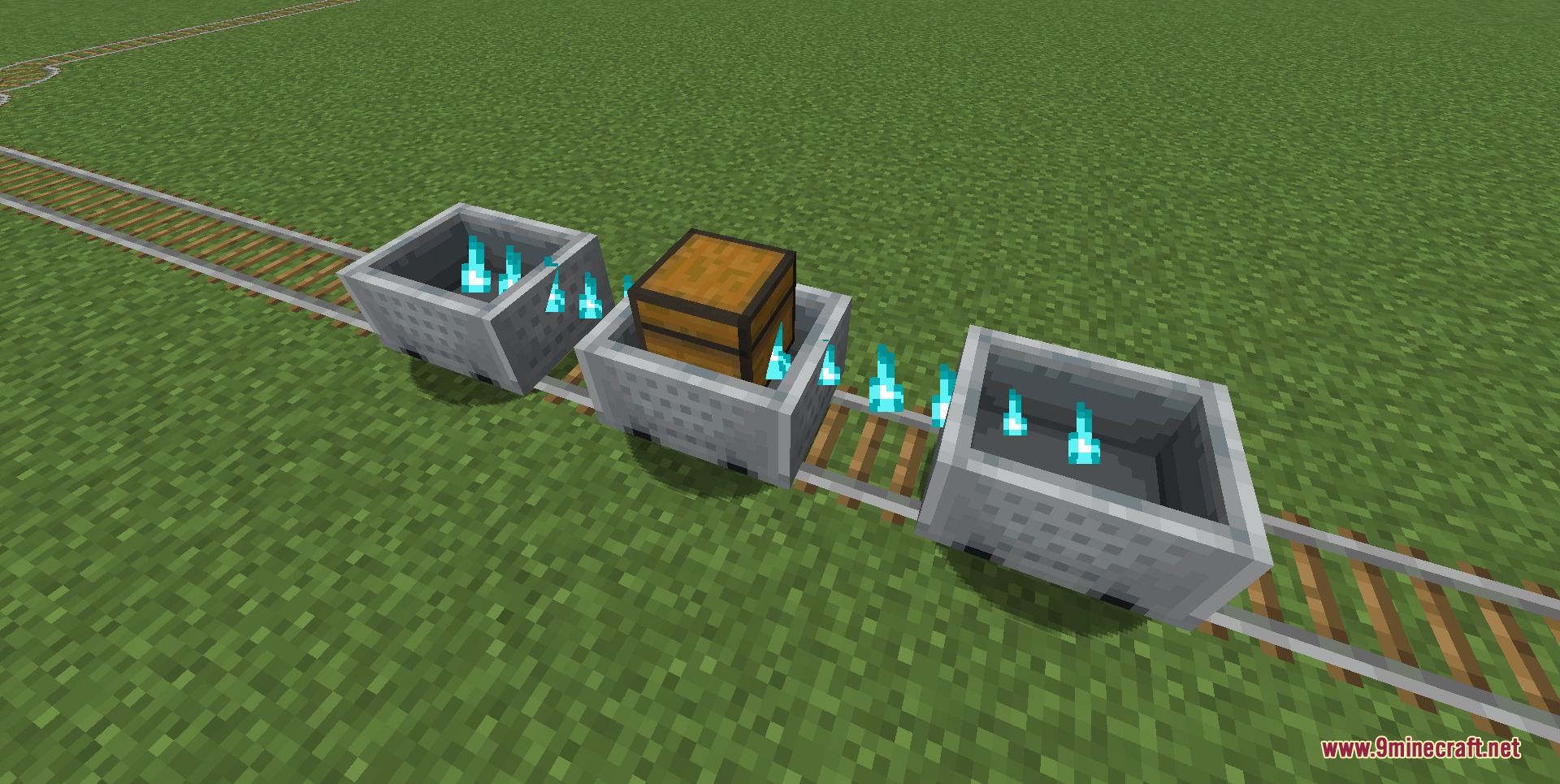 Ironbound Linkage Mod Screenshot 1 Three minecarts linked together with blue particles on a rail track