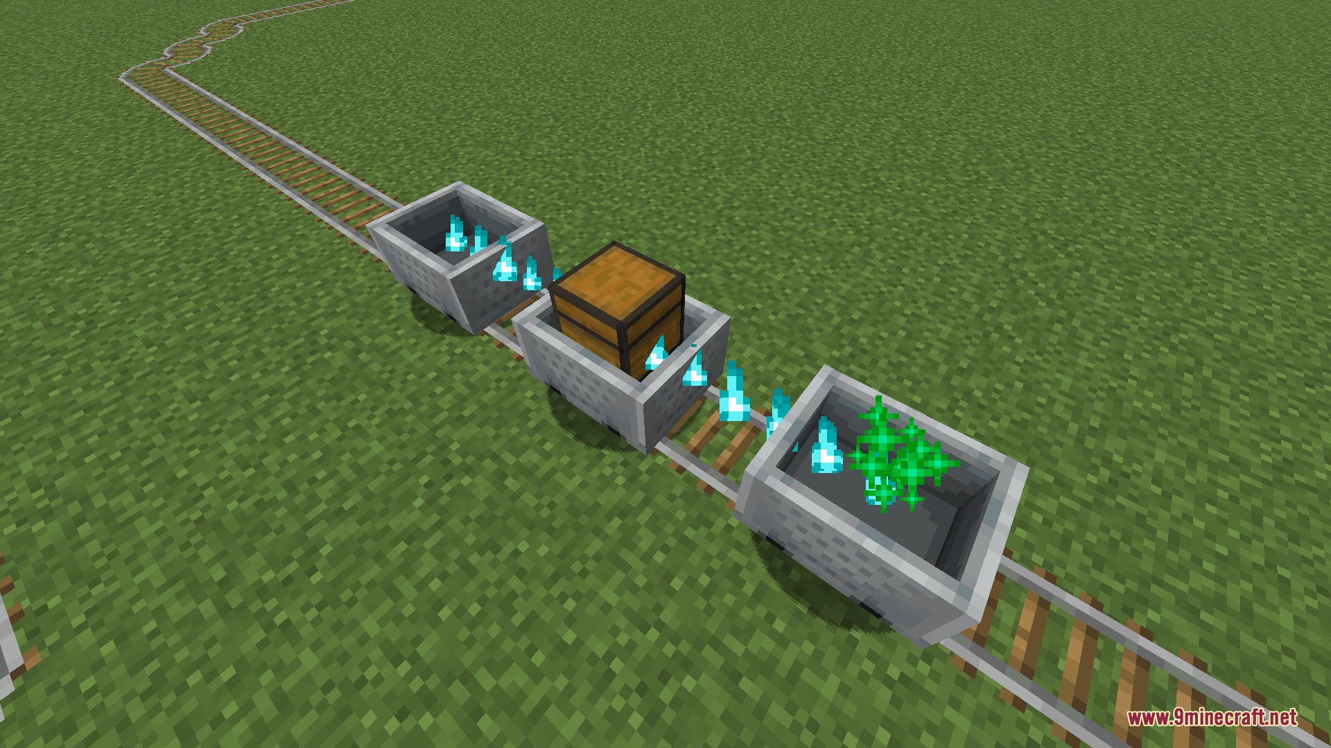 Ironbound Linkage Mod Screenshot 4 Three minecarts connected by blue flame particles moving along a rail track