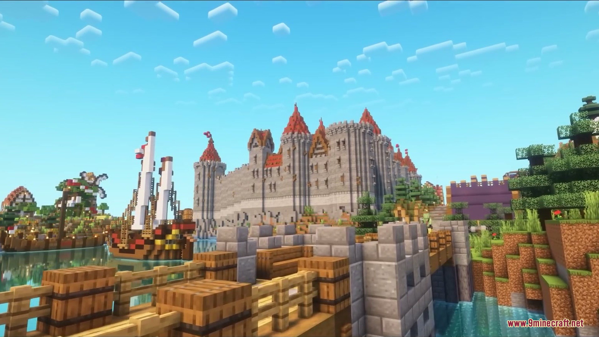 Ironbound Sigils Mod Screenshot 1 Large medieval castle with red roofs overlooking a wooden bridge and ship