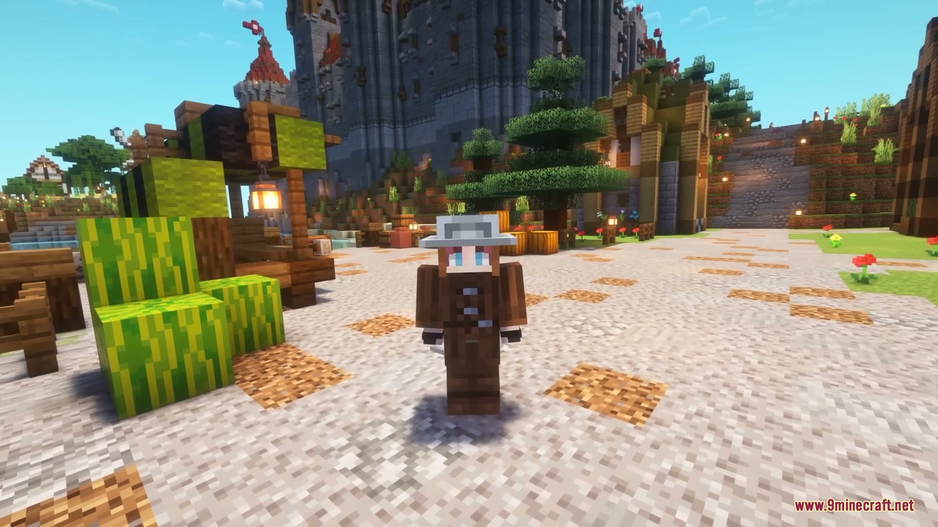 Ironbound Sigils Mod Screenshot 3 A player wearing medieval armor stands in a village near watermelons
