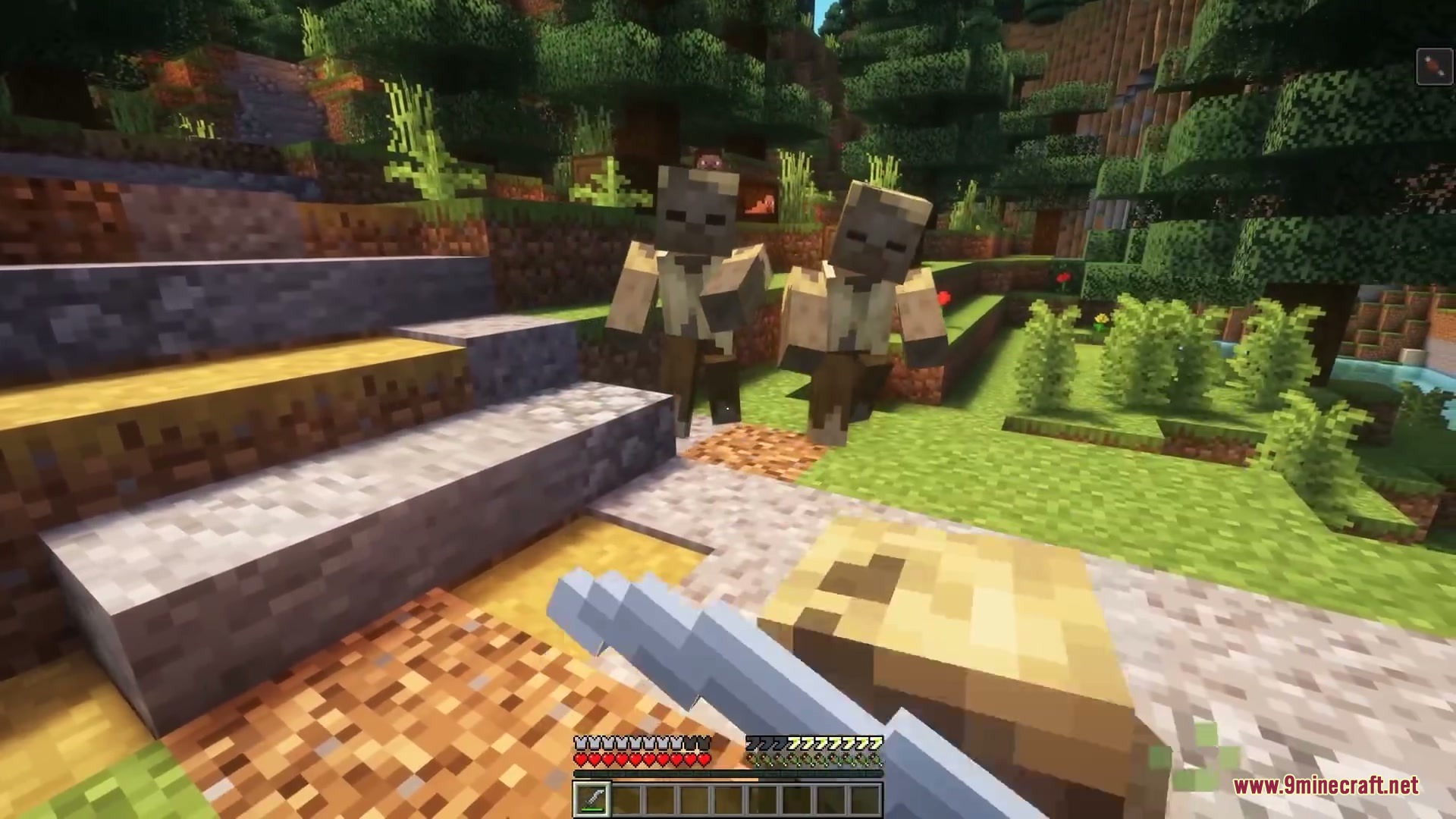 Ironbound Sigils Mod Screenshot 4 Player fighting zombies in a forest with a visible stamina bar