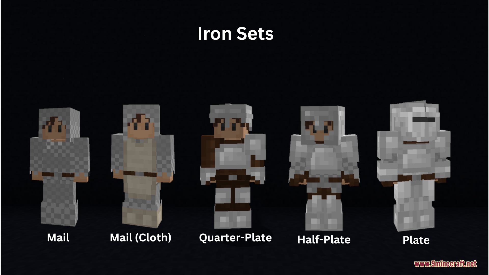 Five Minecraft characters wearing various iron armor sets including mail and plate variants