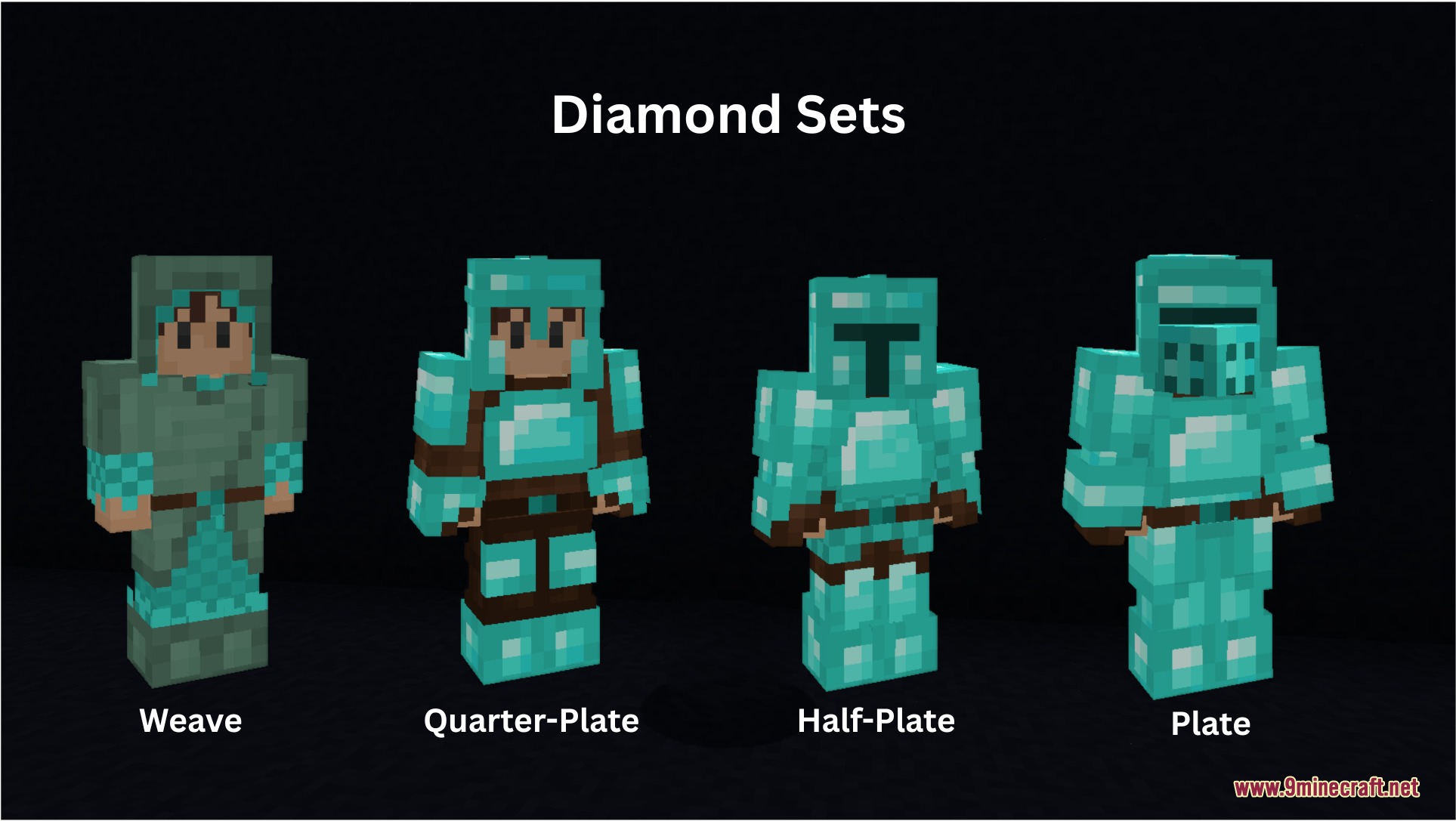 Four Minecraft characters wearing various diamond armor sets from the Ironclad Vocation mod