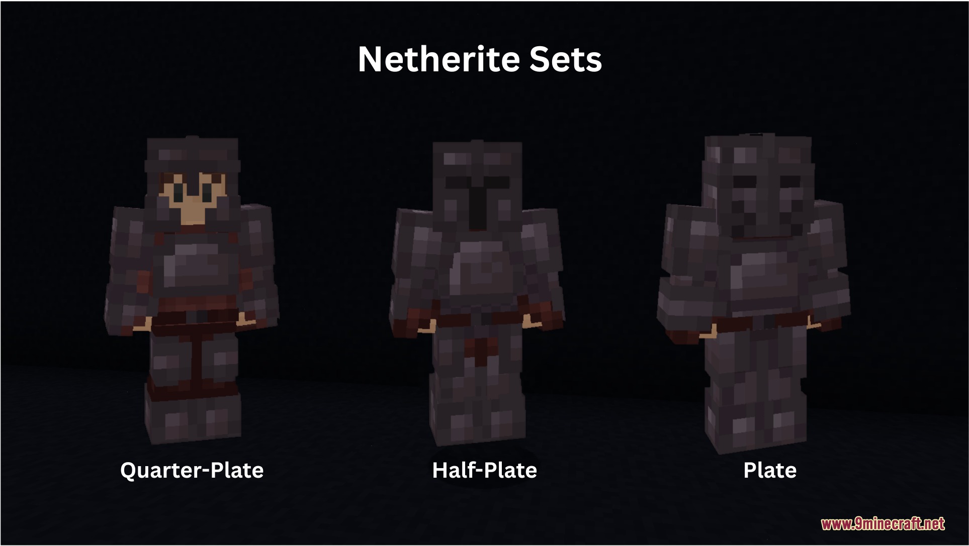 Three Minecraft characters showcasing different tiers of heavy Netherite plate armor sets