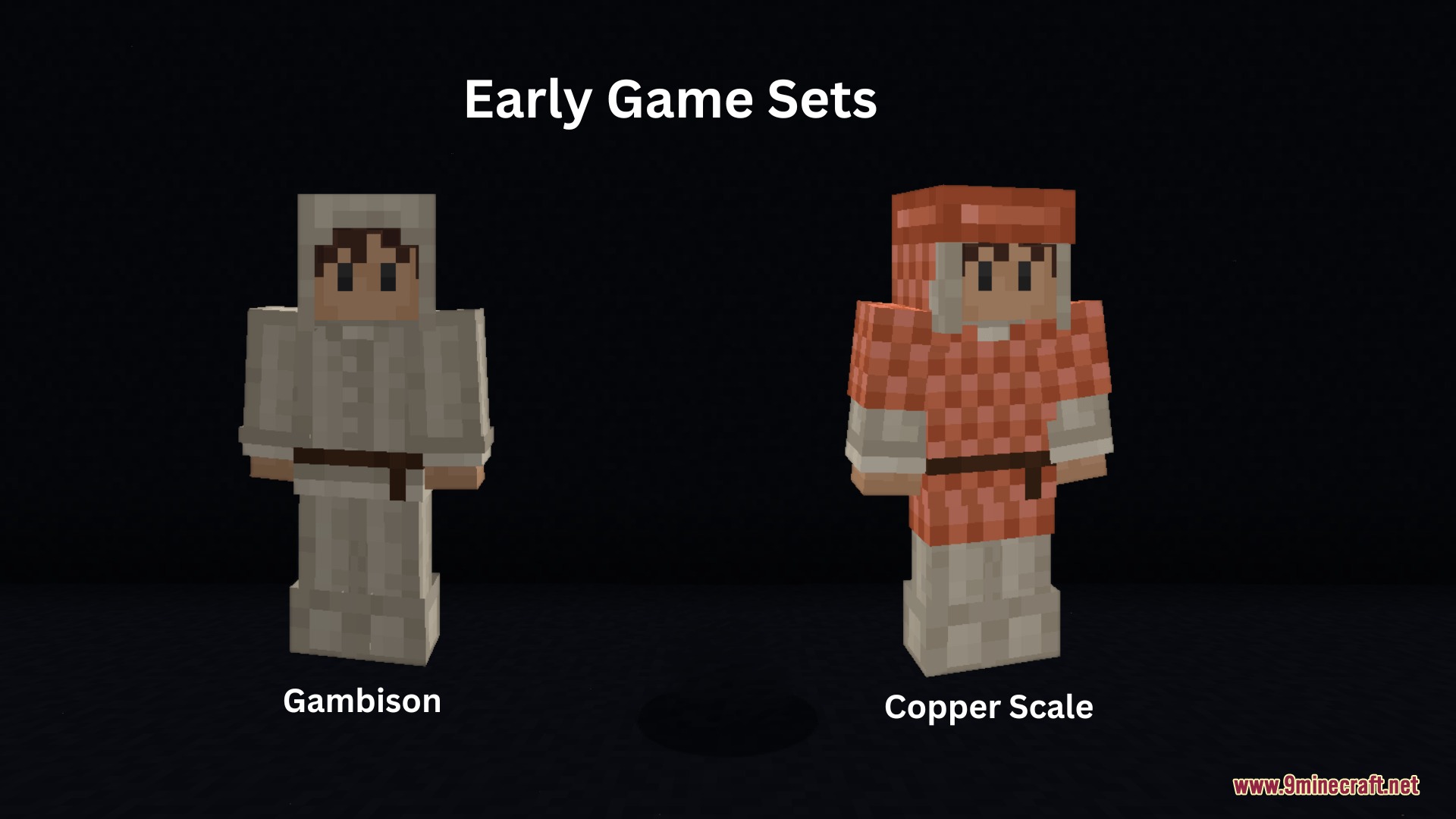 Two Minecraft characters displaying early game Gambison and Copper Scale armor sets