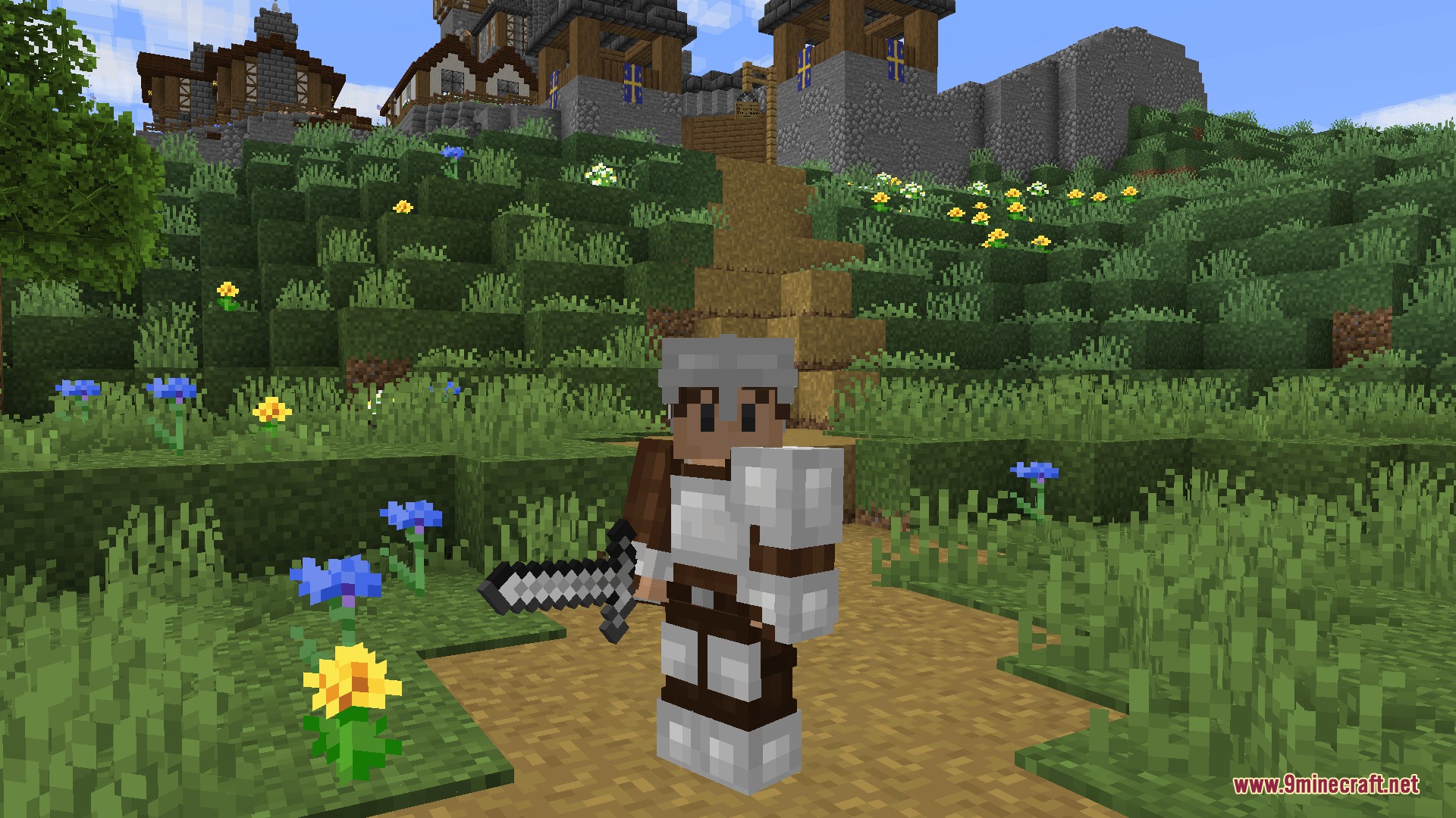 Minecraft character wearing Ironclad Vocation Mod armor set in a scenic landscape