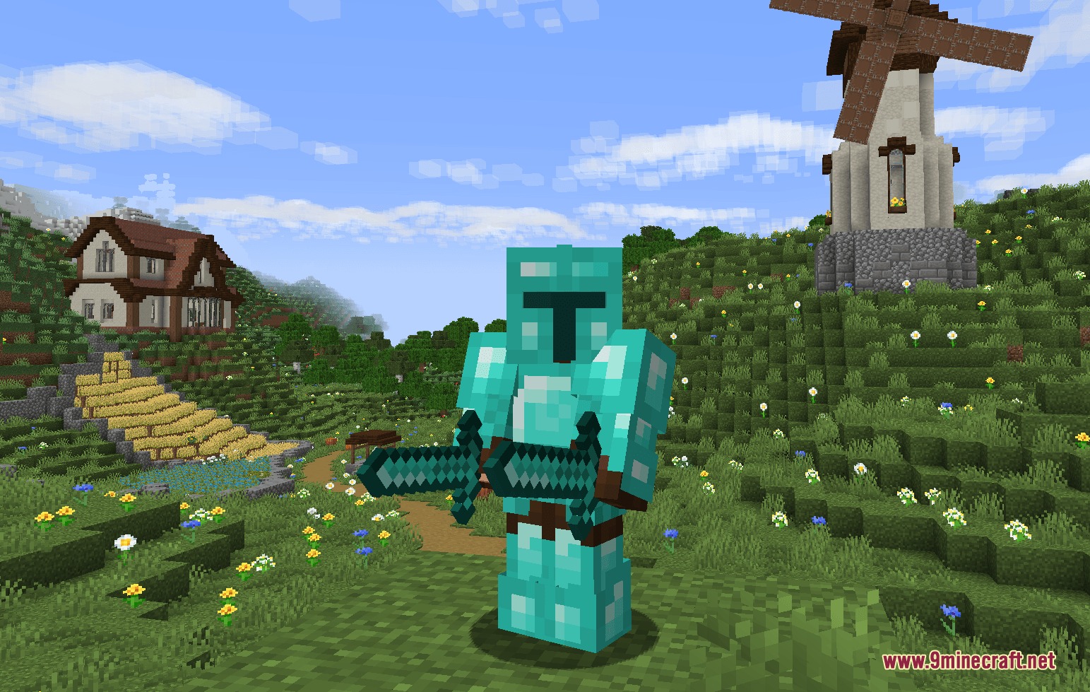 A knight in diamond plate armor dual wielding swords in a grassy field