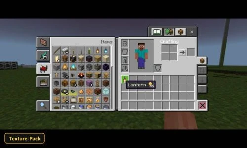 inventory screen showing lantern item in a flat green world