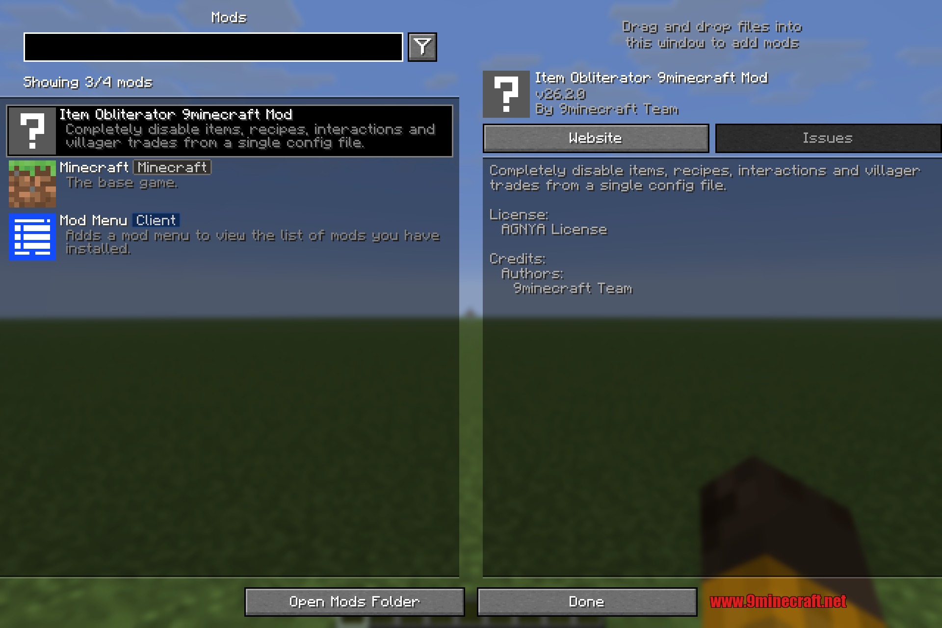 The Item Obliterator entry in the Minecraft mods list