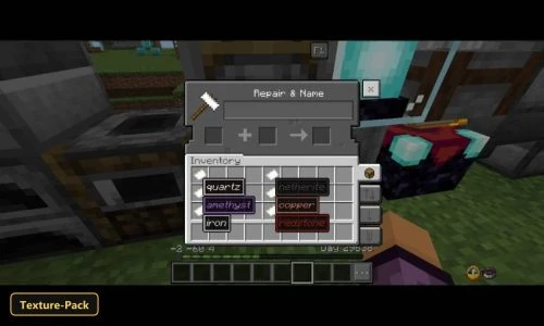 Anvil menu showing various ore blocks in inventory, grassy plains background