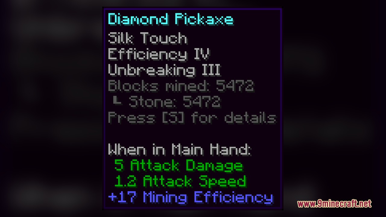 Item Stat Tracker Mod Screenshot 2 A diamond pickaxe tooltip showing the total number of stone blocks mined