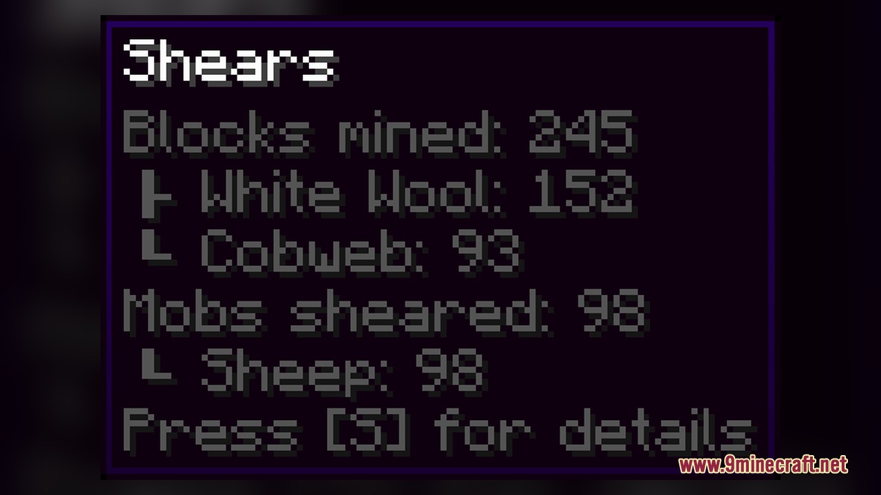 Item Stat Tracker Mod Screenshot 3 Item Stat Tracker Mod displaying detailed usage statistics for Minecraft shears