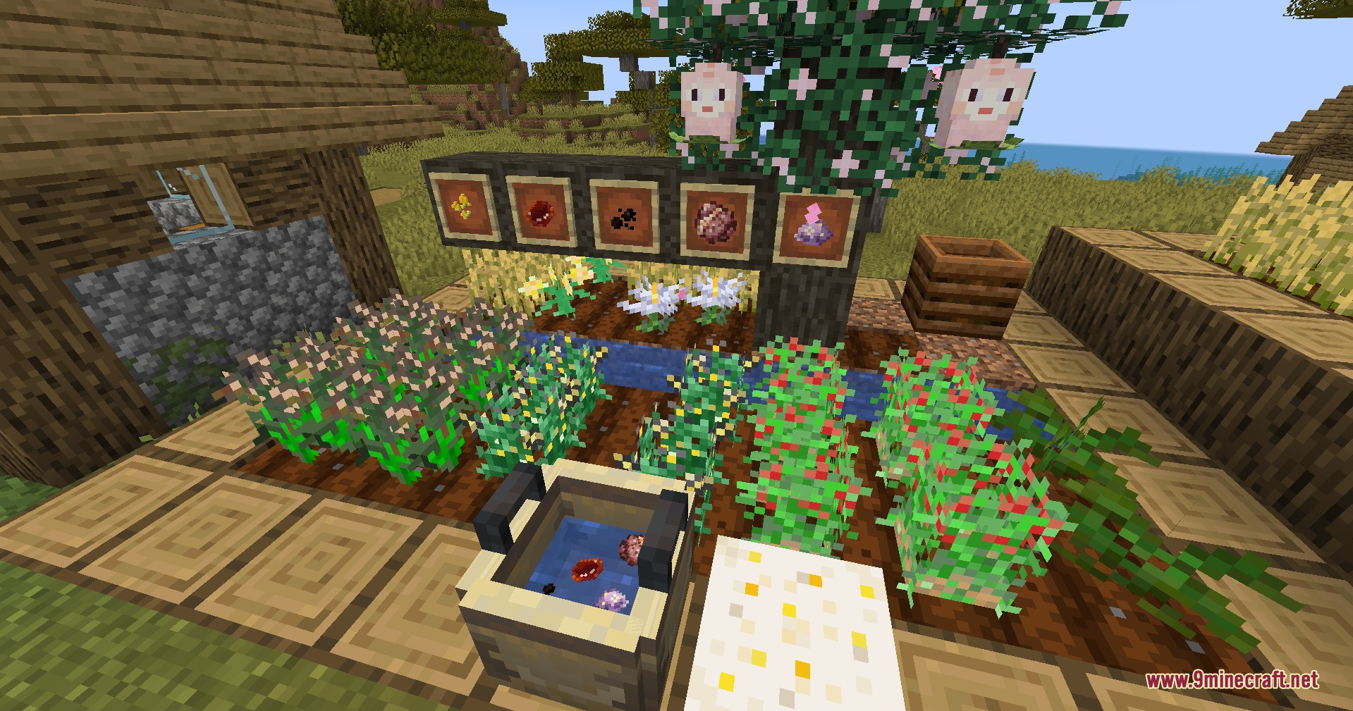 Jade Empire Relics Mod Screenshot 1 Refining medicinal pills in a medicine pot surrounded by herbal crops
