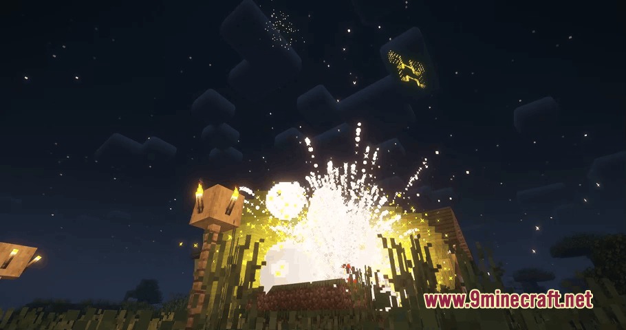Jade Empire Relics Mod Screenshot 2 Large yellow fireworks exploding at night near a wooden village structure