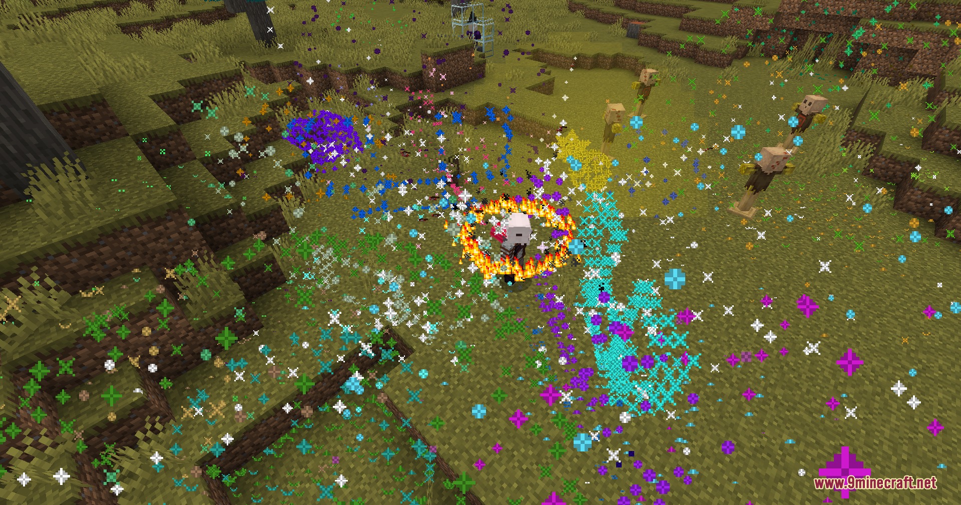 Jade Empire Relics Mod Screenshot 3 A player surrounded by vibrant firework particles and colorful explosions in Minecraft
