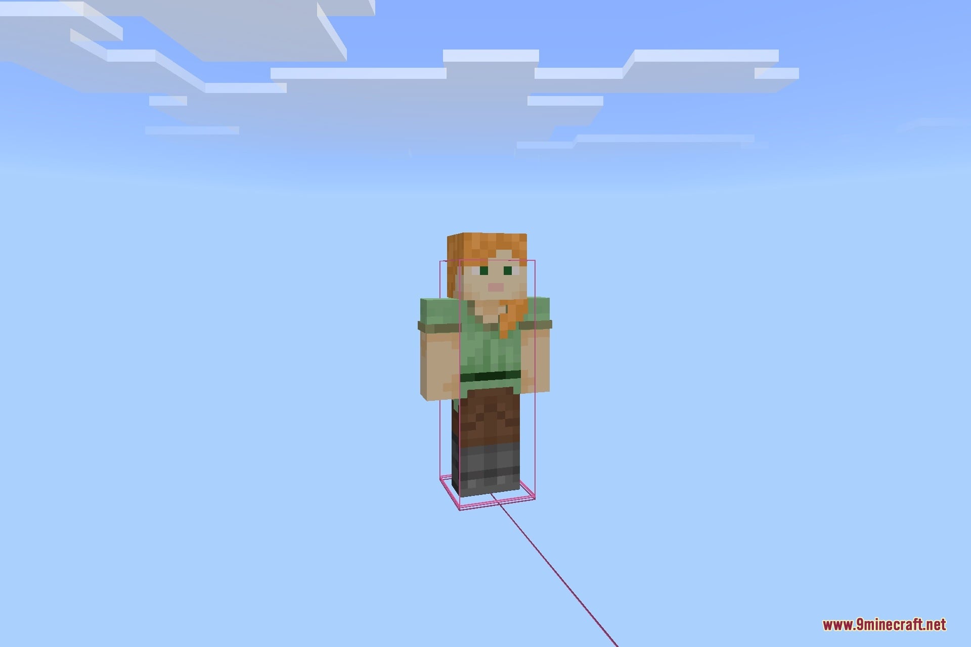 Java Hitbox Texture Pack Screenshot 1 Minecraft player character floating in the air with a visible red hitbox wireframe
