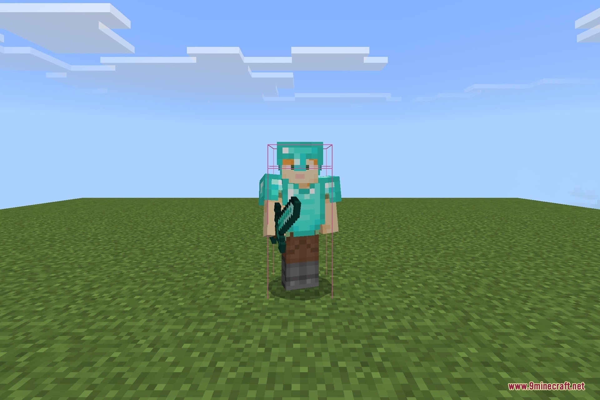 Java Hitbox Texture Pack Screenshot 2 Player in diamond armor holding a sword with a visible red hitbox display