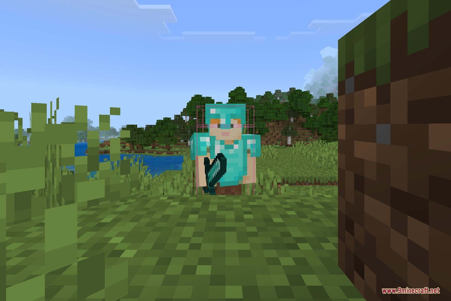 Java Hitbox Texture Pack Screenshot 3 Minecraft player in diamond armor showing red hitbox outlines in nature
