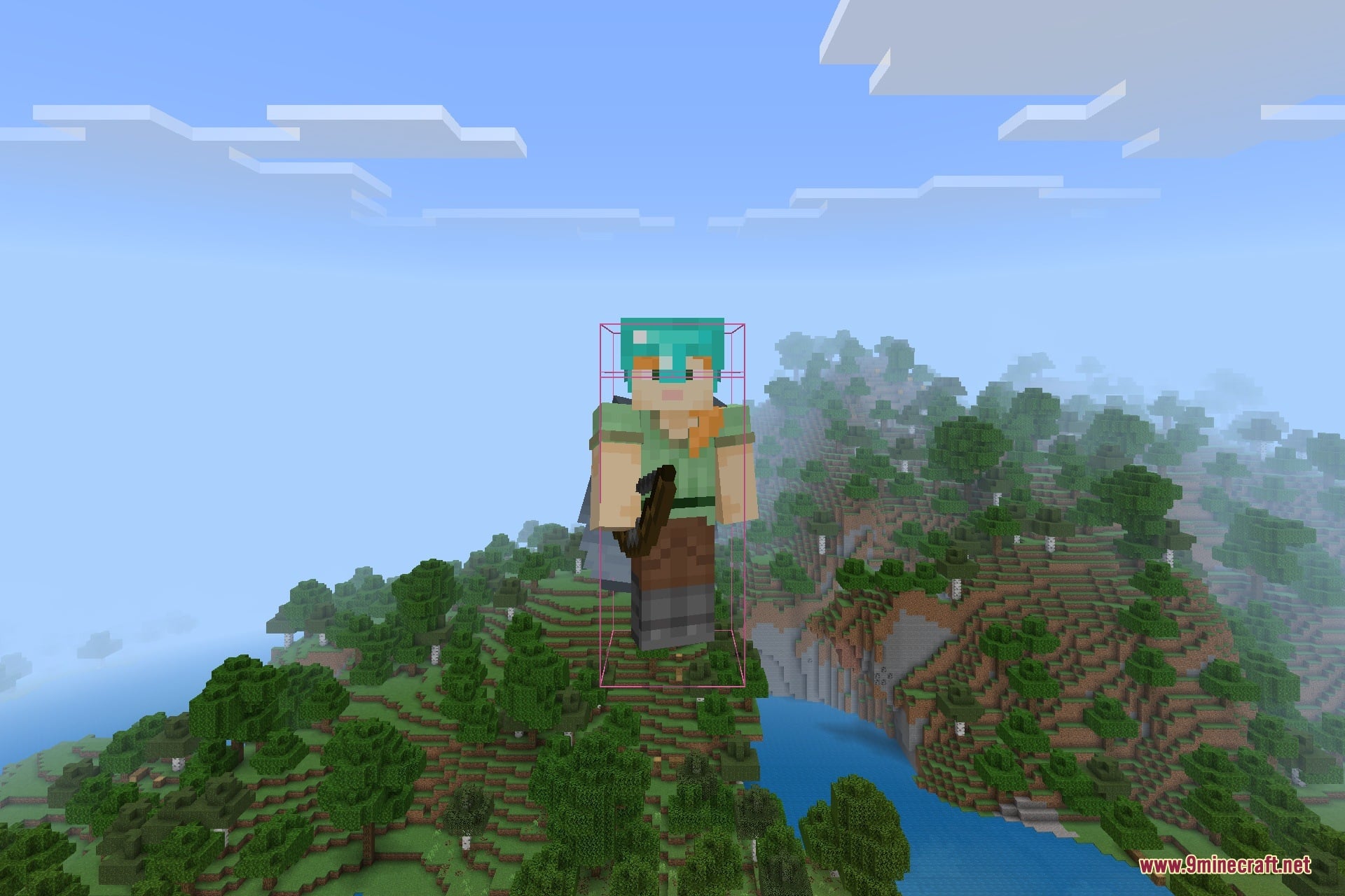 Java Hitbox Texture Pack Screenshot 4 Player holding a bow with visible hitboxes floating over a landscape