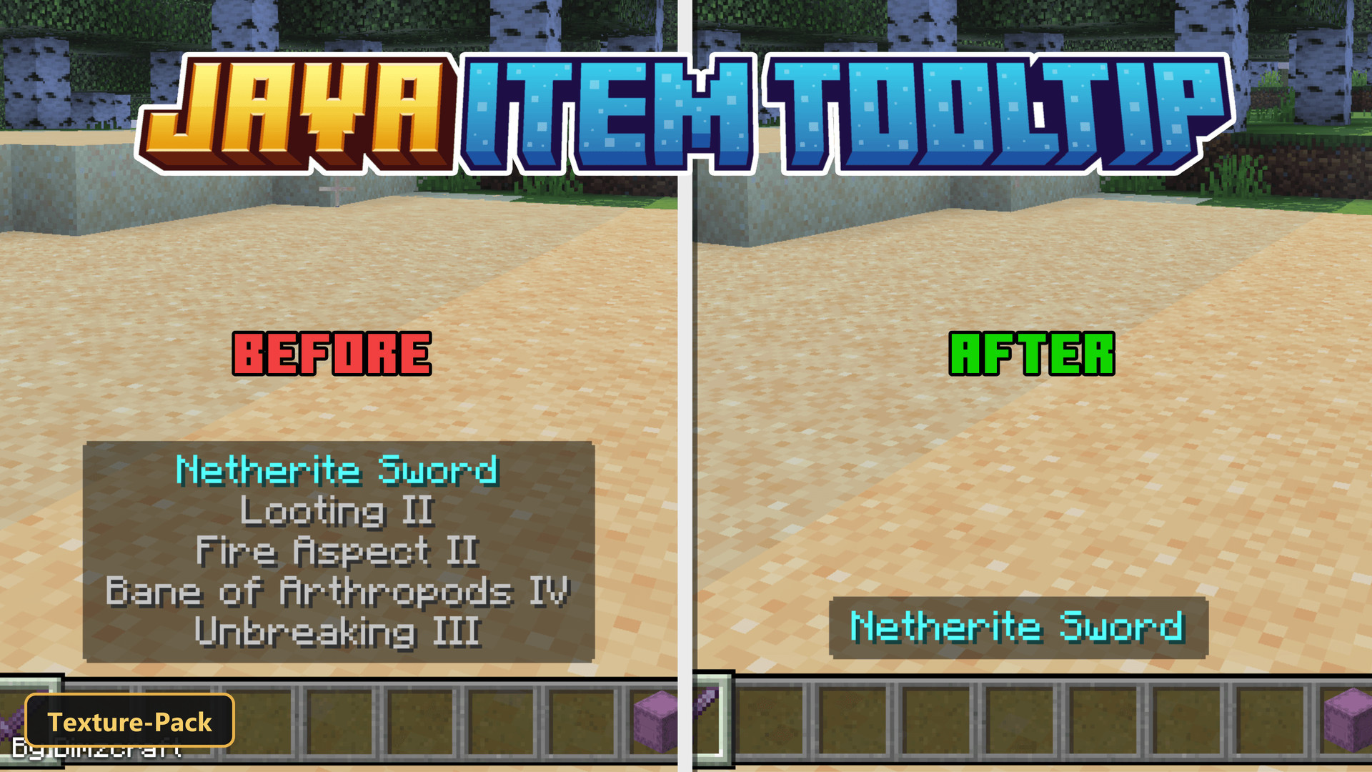 split screen comparison of item tooltips on a sandy beach