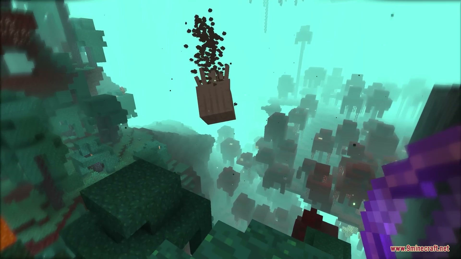 Jolly Fireball Failure Mod Screenshot 10 A killed Ghast falling from the sky in a Warped Forest biome