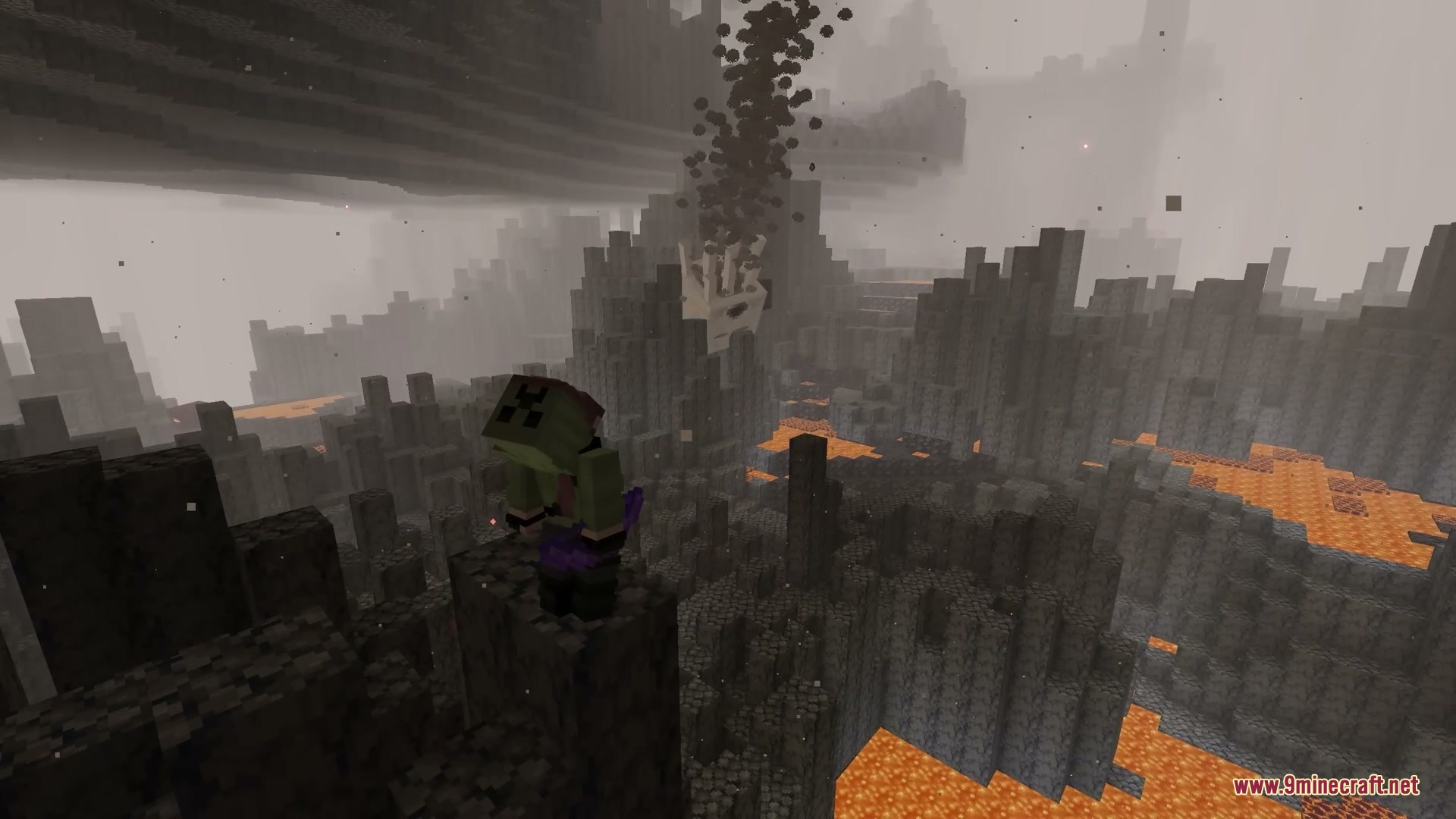 Jolly Fireball Failure Mod Screenshot 12 A Ghast plummets toward the ground in the basalt deltas after being killed