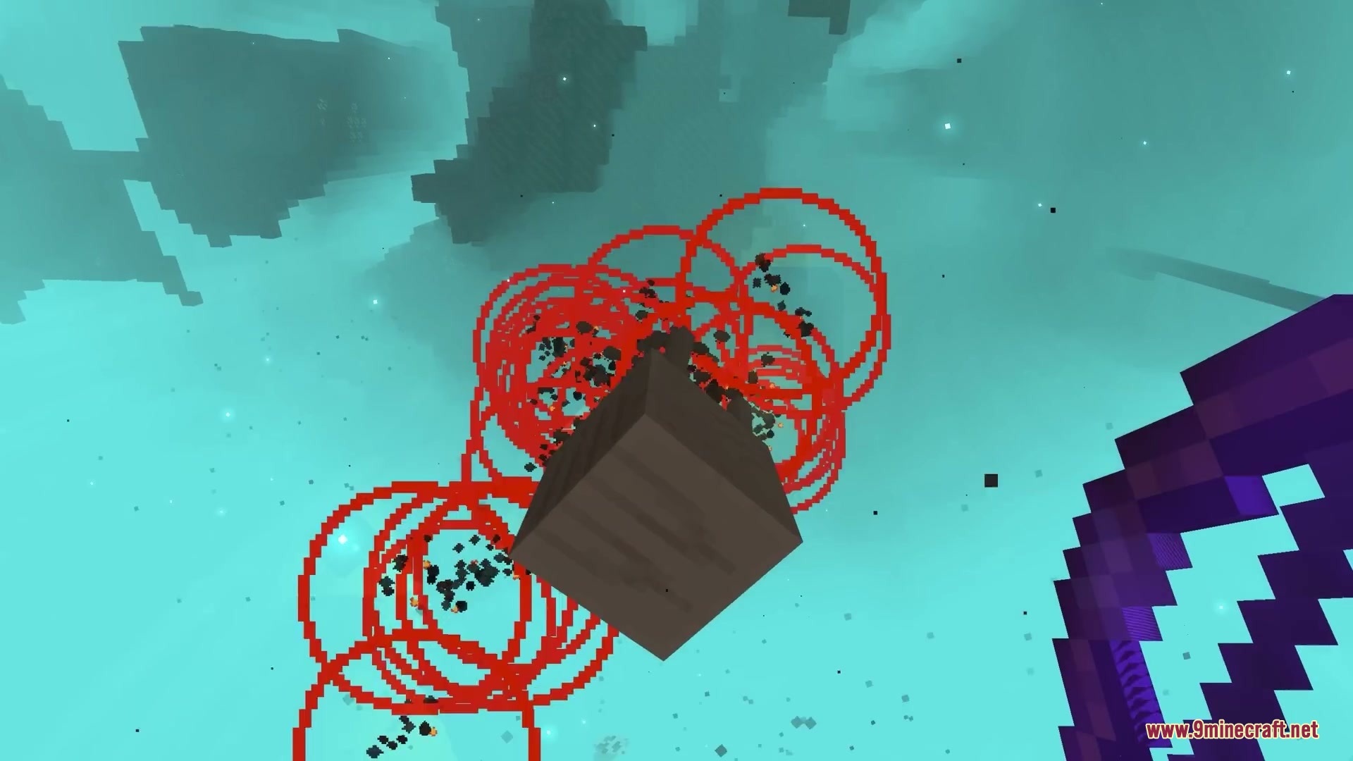 Jolly Fireball Failure Mod Screenshot 14 A falling Ghast plummeting through the air with red circular particle effects
