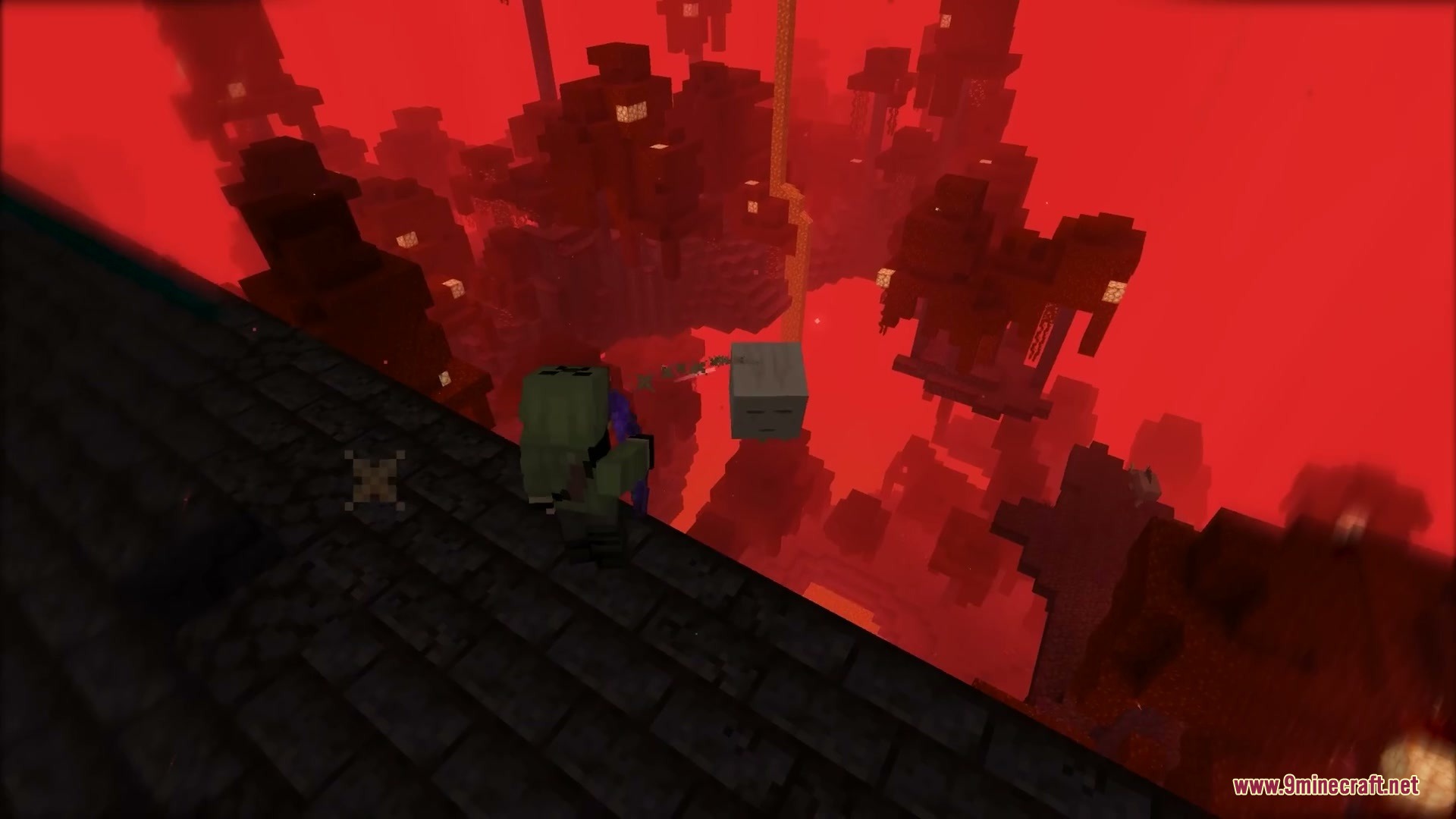 Jolly Fireball Failure Mod Screenshot 8 A player shooting a bow at a Ghast tilting in the Nether sky