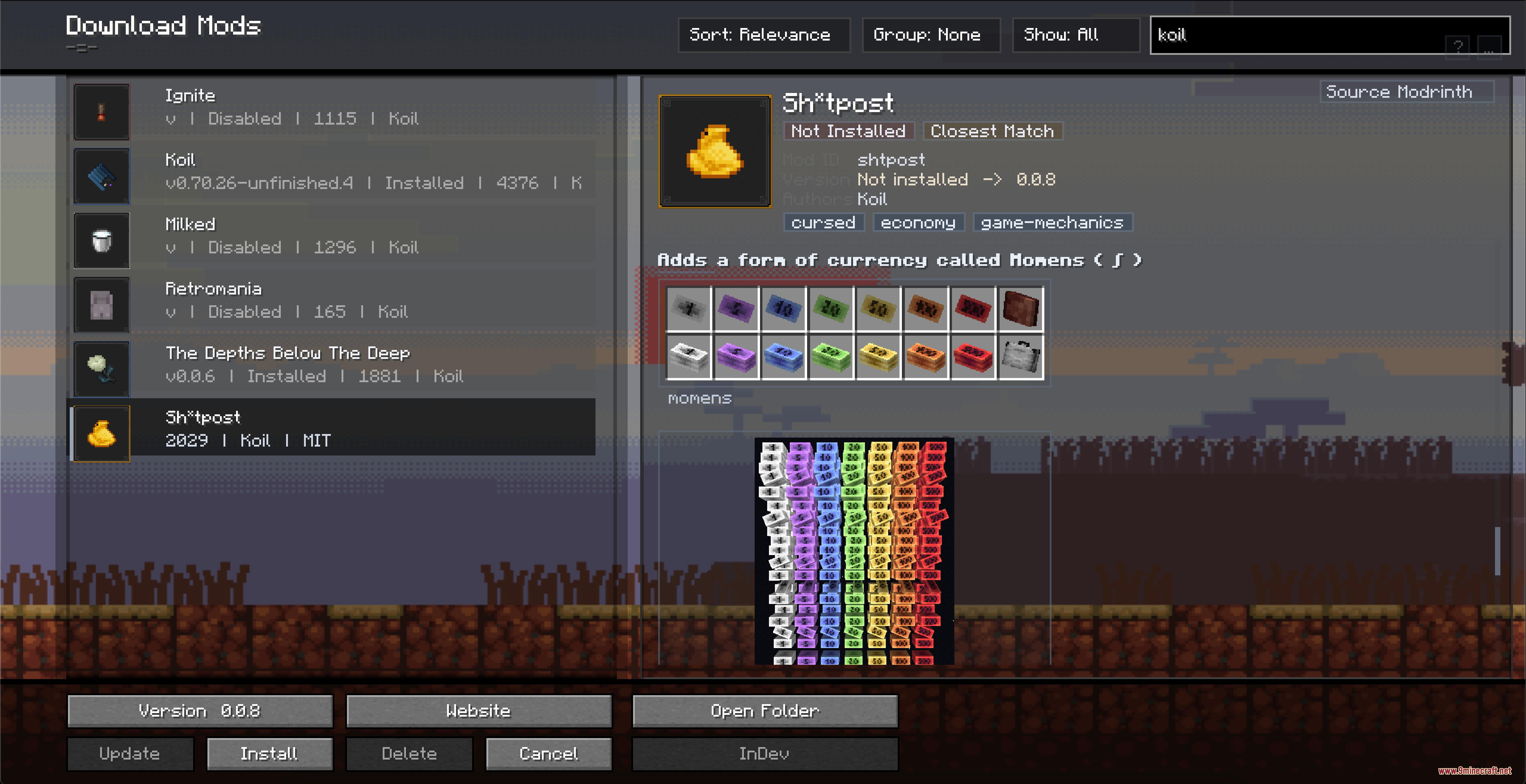 Kernel Logic Junction Mod Screenshot 6 A search result screen showing currency items and mod details in Minecraft