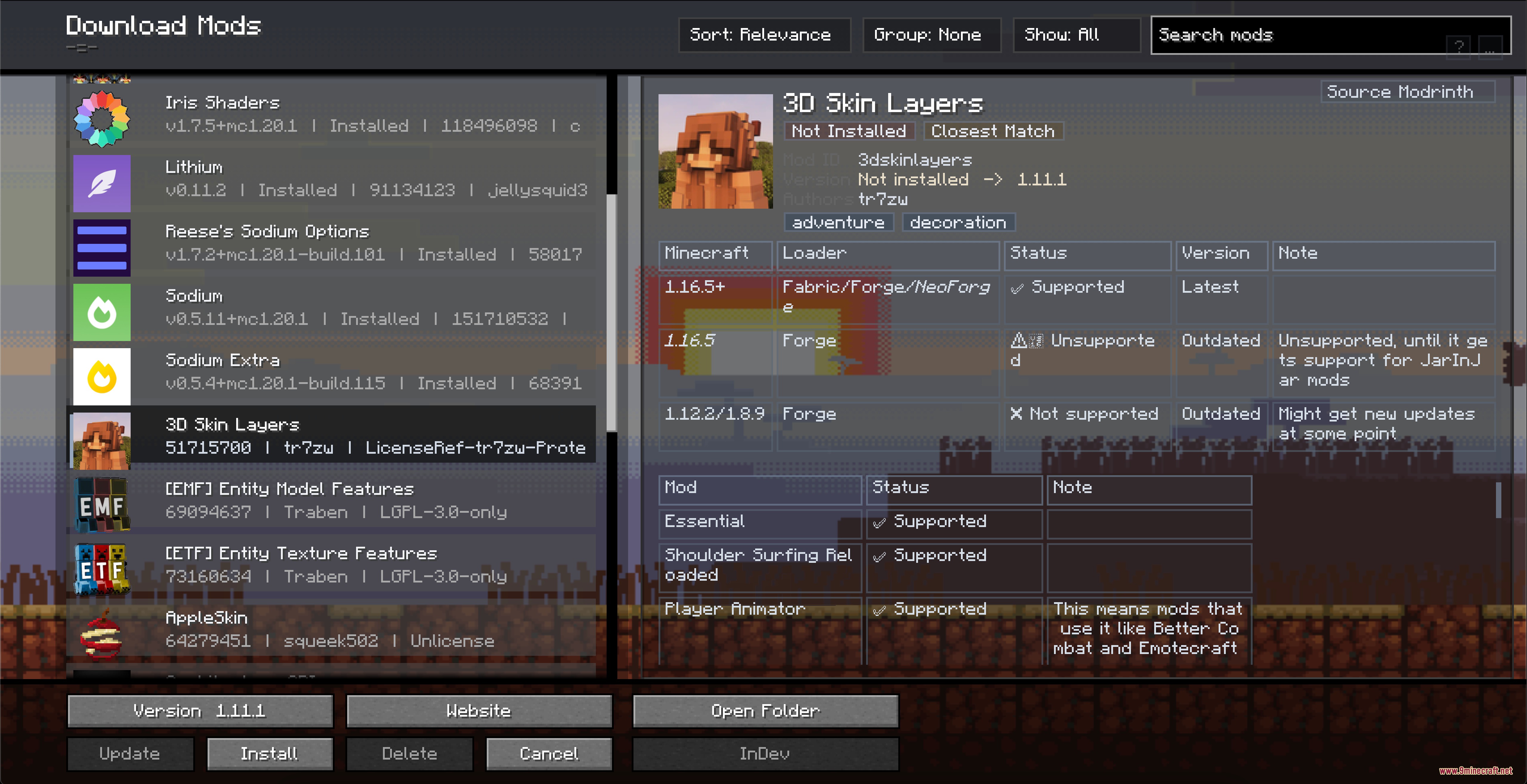 Kernel Logic Junction Mod Screenshot 7 Minecraft interface showing compatibility and version details for the skin layers mod