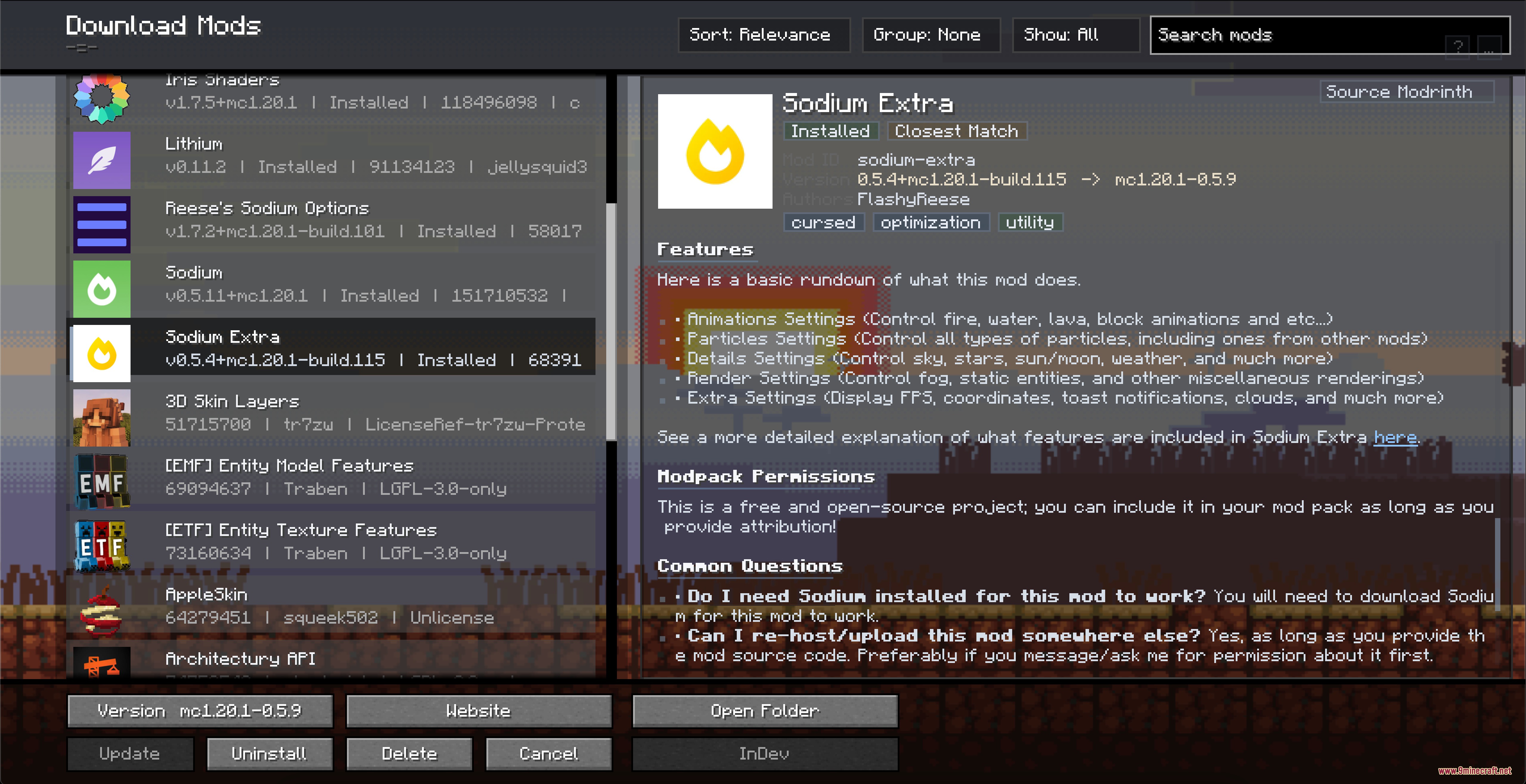 Kernel Logic Junction Mod Screenshot 8 Minecraft interface showing features and permissions for the Sodium Extra mod