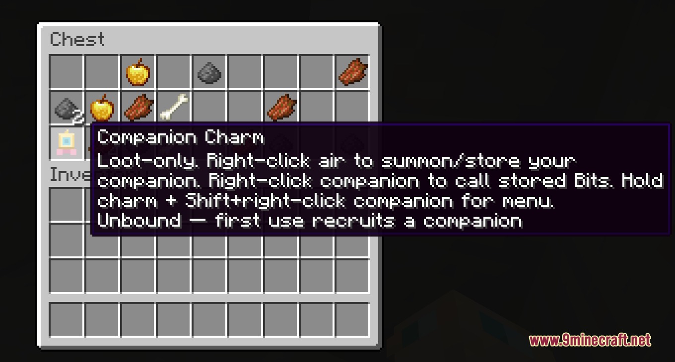 Kinbound Soulmates Mod Screenshot 2 A chest inventory displaying a Companion Charm item with its recruitment description