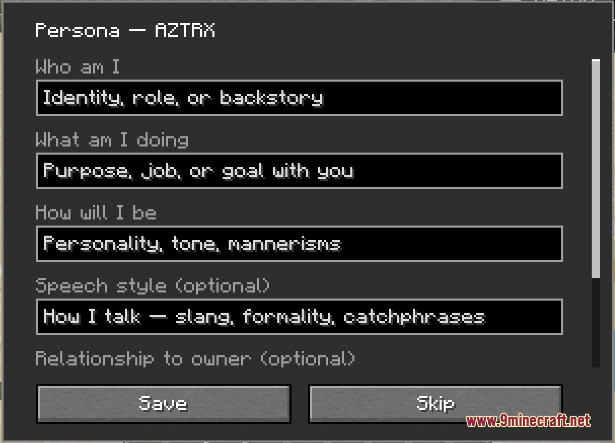 Kinbound Soulmates Mod Screenshot 3 A menu for defining the personality and speech patterns of a custom companion