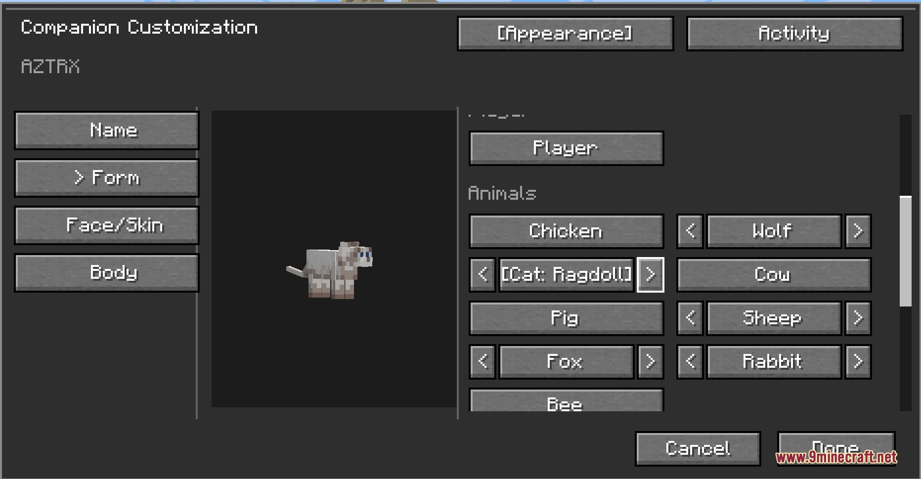 Kinbound Soulmates Mod Screenshot 4 Customizing the animal form of a follower in the Kinbound Soulmates Mod menu