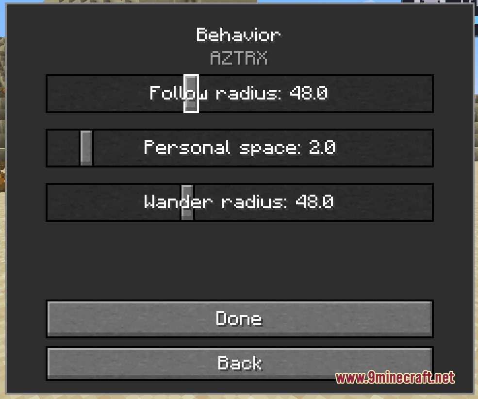 Kinbound Soulmates Mod Screenshot 8 Behavior settings screen with sliders to adjust follow and wander radius distances