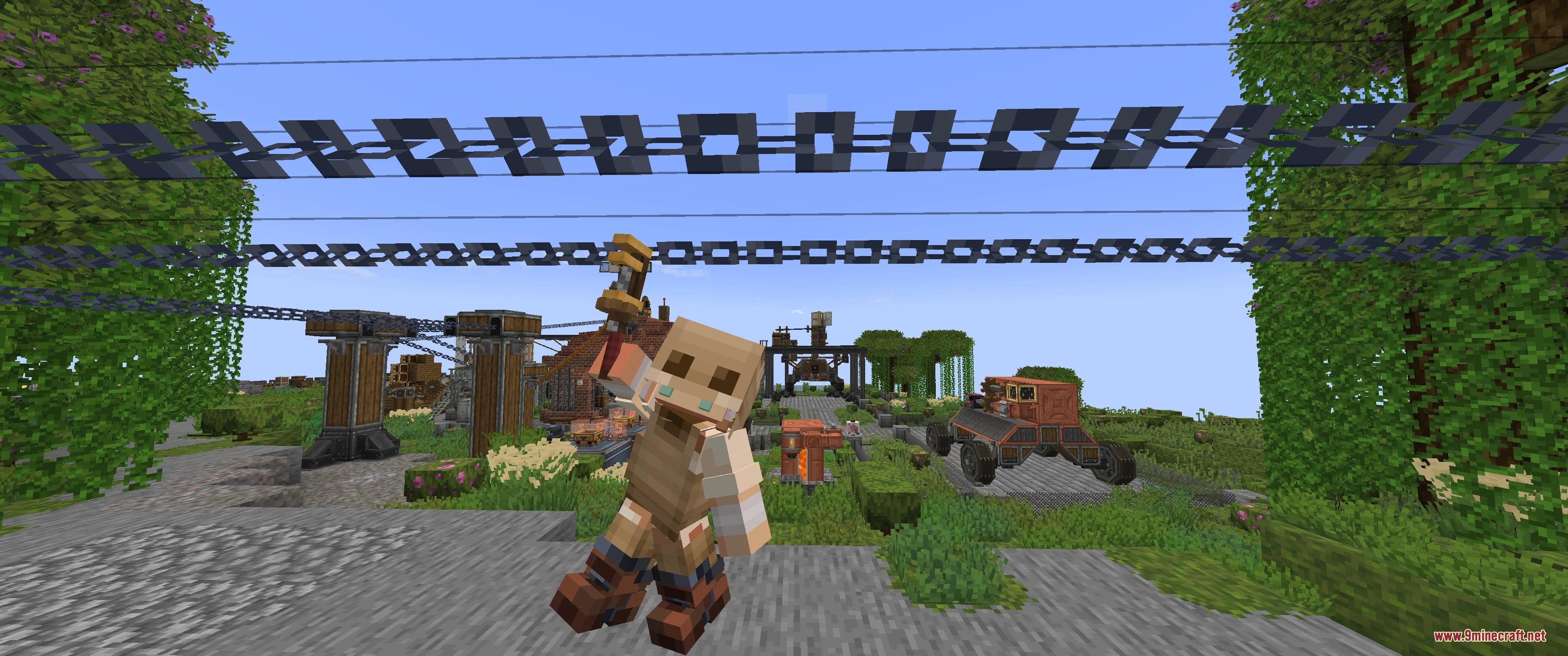 Kinetic Avatar Sync Mod Screenshot 3 Player character hanging from a chain using a skyhook in a steampunk world