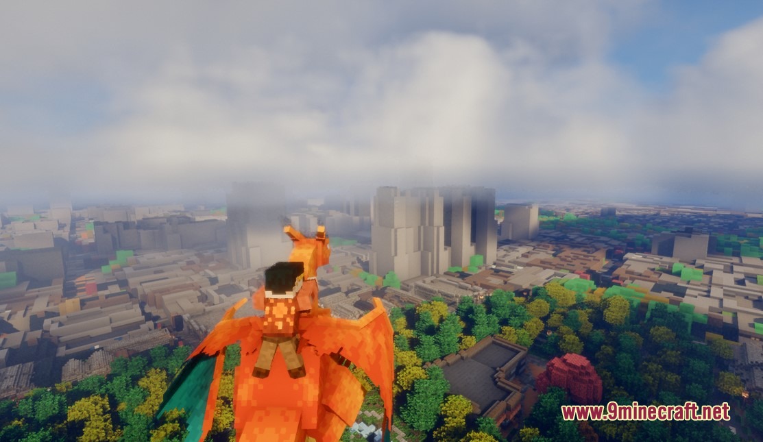 Kinetic Creature Mounts Mod Screenshot 2 Player character riding a Charizard mount over a vast city with shaders