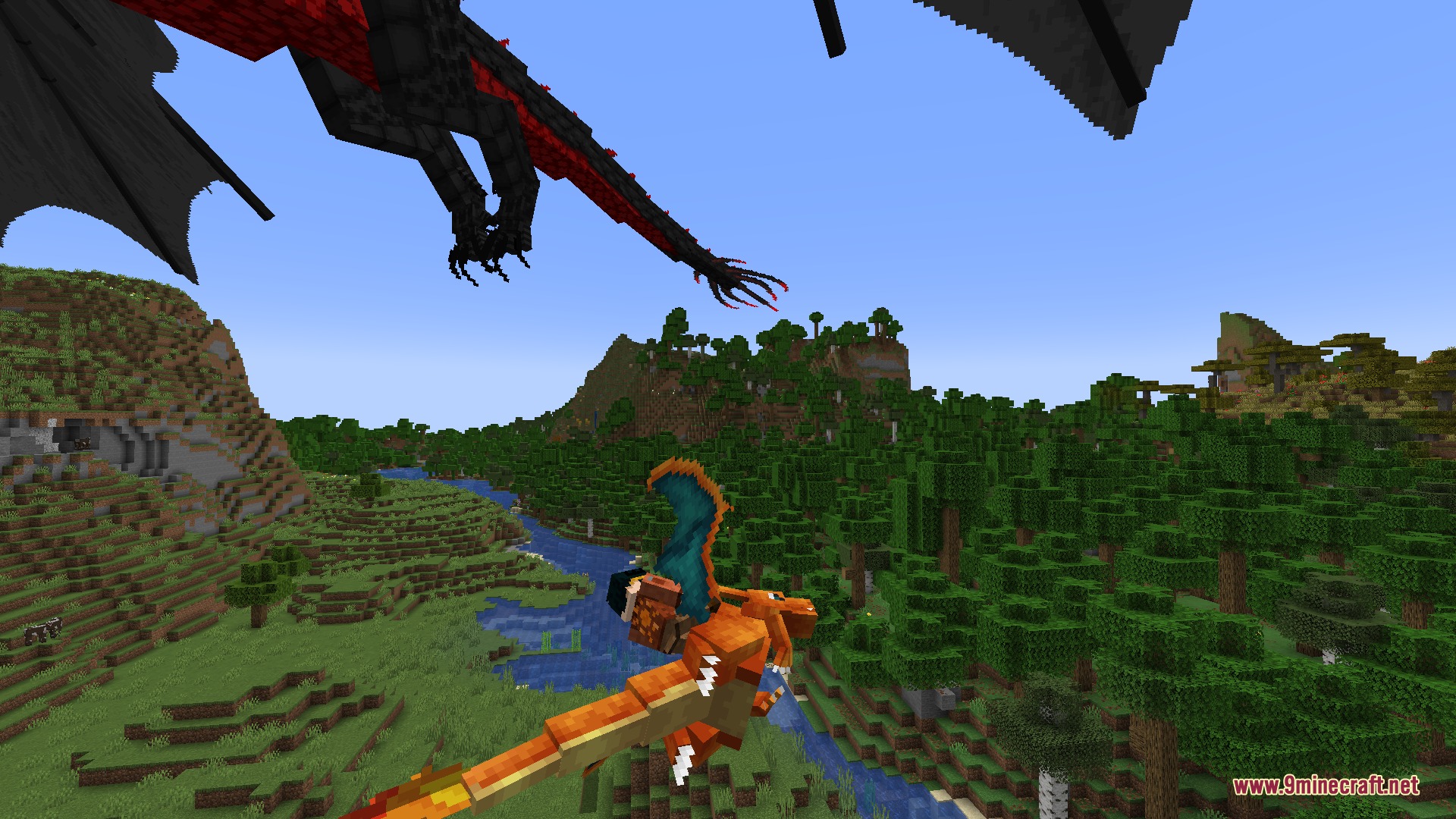 Kinetic Creature Mounts Mod Screenshot 3 Player riding a Charizard through a lush forest under a massive flying dragon
