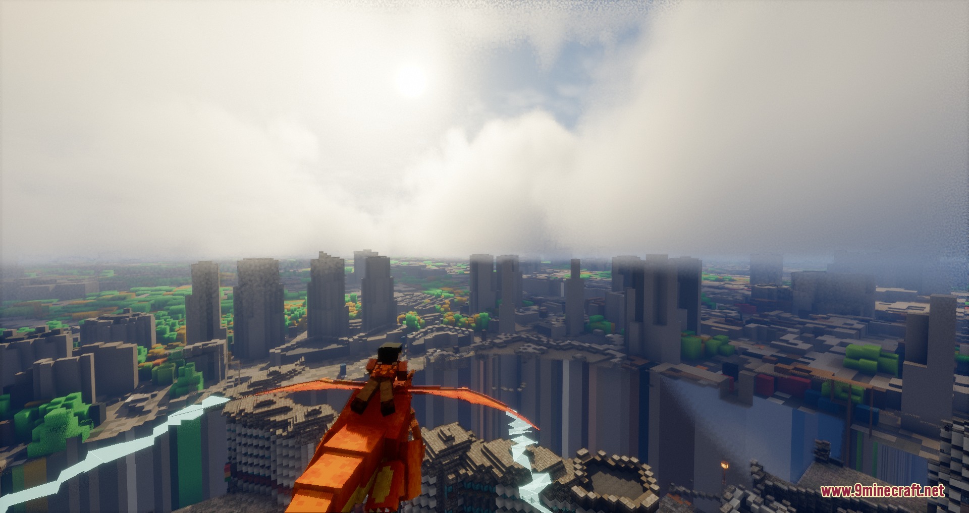 Kinetic Creature Mounts Mod Screenshot 4 A player rides a Charizard high above a sprawling city with tall skyscrapers