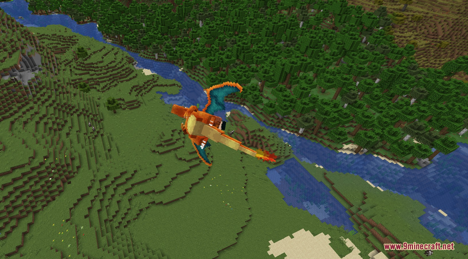 Kinetic Creature Mounts Mod Screenshot 5 A player flies on a Charizard over a river in Minecraft