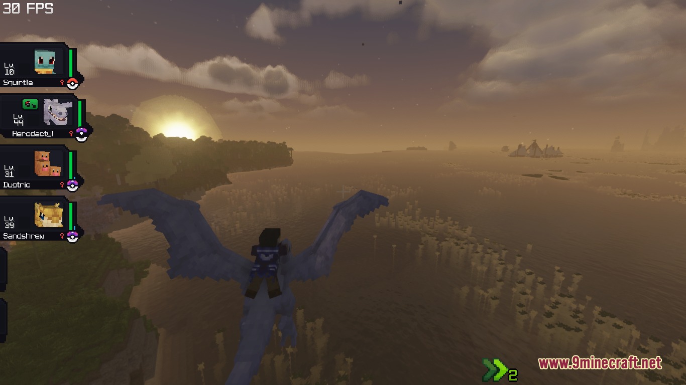 Kinetic Creature Mounts Mod Screenshot 8 Flying on an Aerodactyl over the ocean during a beautiful sunset in Minecraft